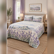 Watercolor Lavender Field Quilt Set, angled lavender bedroom view
