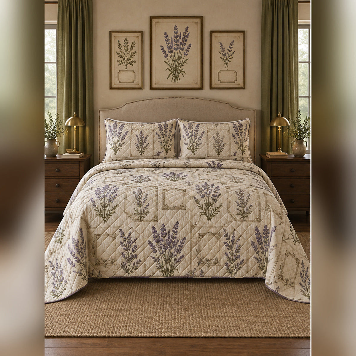 Vintage Lavender Herbarium Quilt Set, front lavender bedroom view