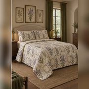 Vintage Lavender Herbarium Quilt Set, angled lavender bedroom view