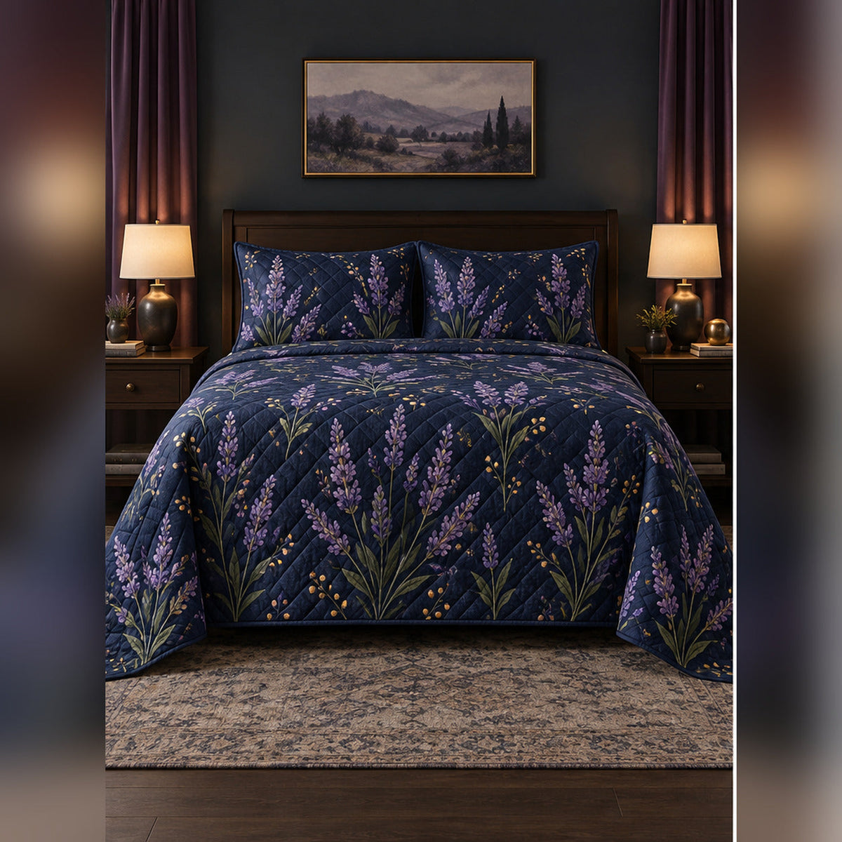Midnight Lavender Garden Quilt Set, front lavender bedroom view