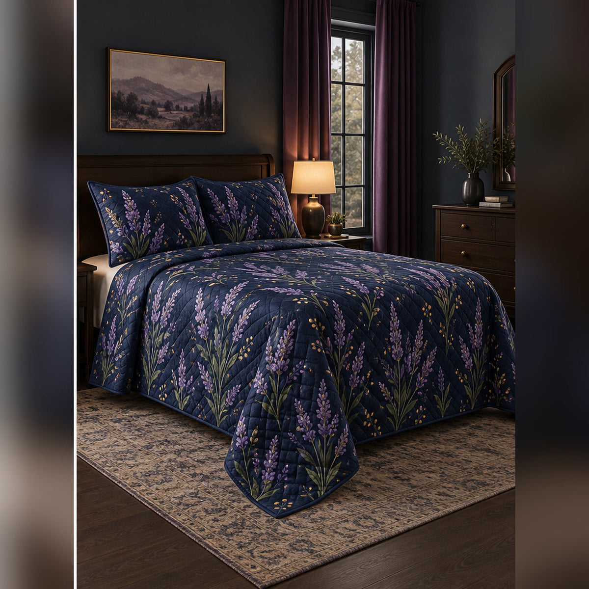 Midnight Lavender Garden Quilt Set, angled lavender bedroom view