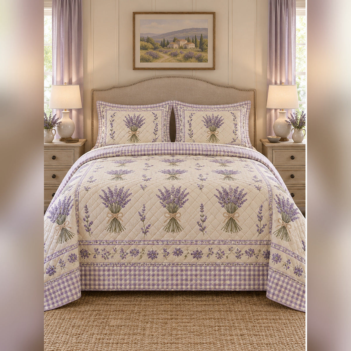 French Country Lavender Bundle Quilt Set, front lavender bedroom view