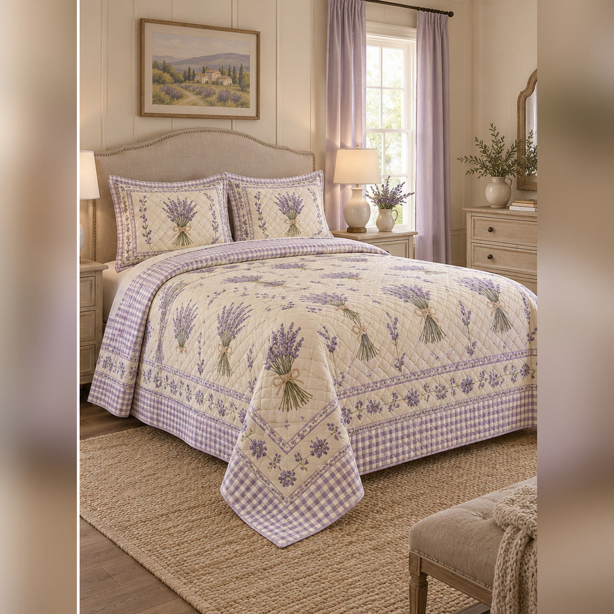 French Country Lavender Bundle Quilt Set, angled lavender bedroom view