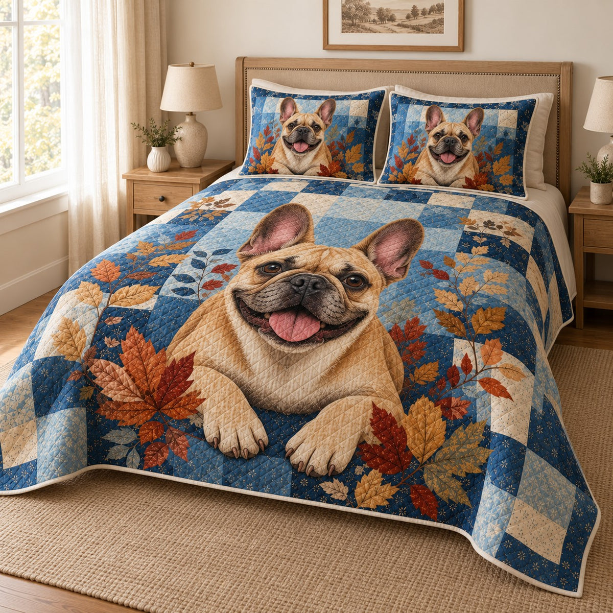 French Bulldog Autumn Patchwork Quilt Set: angled bedroom view showing the quilt artwork and coordinating shams