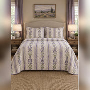 Woodblock Lavender Stripe Quilt Set, front lavender bedroom view
