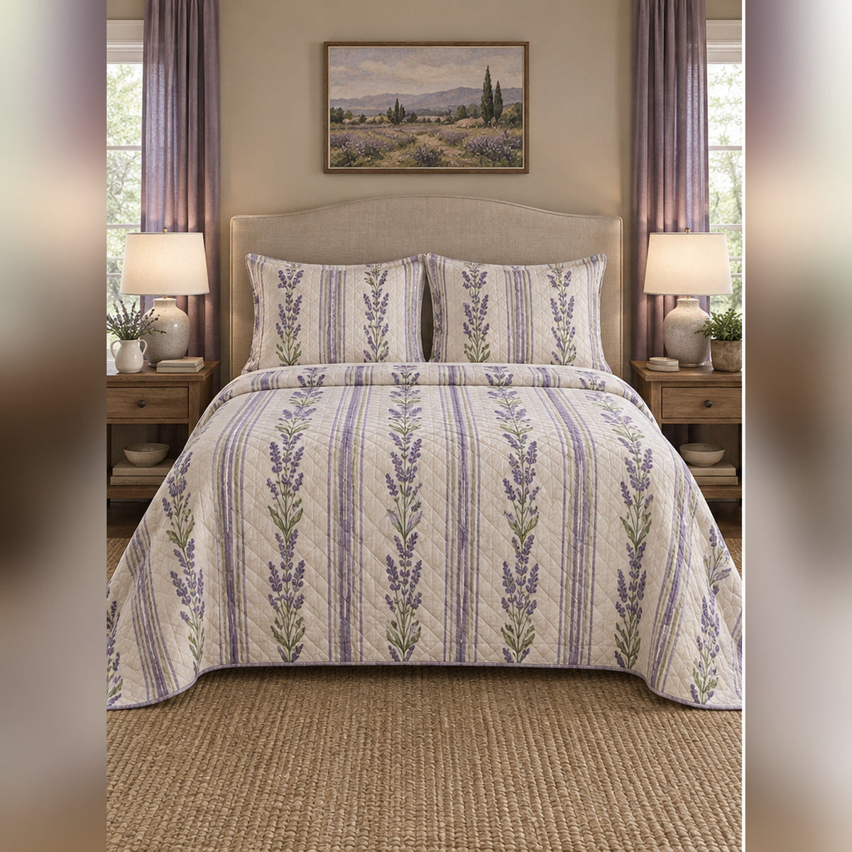 Woodblock Lavender Stripe Quilt Set, front lavender bedroom view