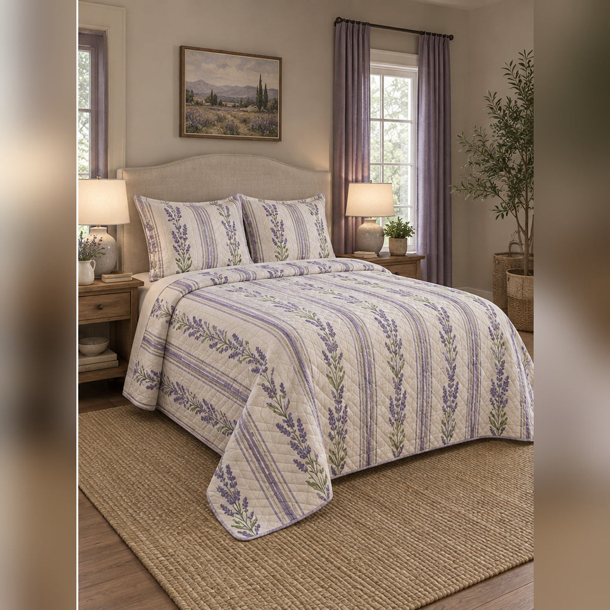 Woodblock Lavender Stripe Quilt Set, angled lavender bedroom view