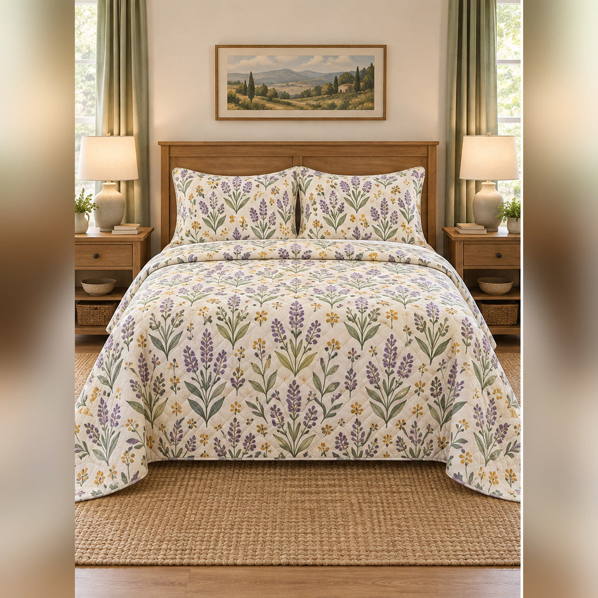 Lavender and Sage Folk Garden Quilt Set, front lavender bedroom view