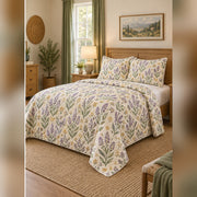 Lavender and Sage Folk Garden Quilt Set, angled lavender bedroom view