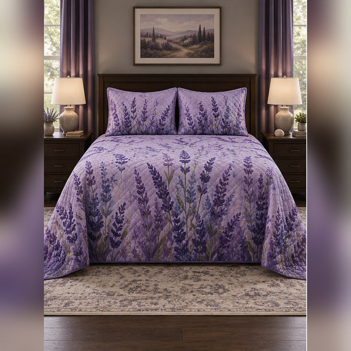 Tonal Purple Lavender Meadow Quilt Set, front lavender bedroom view