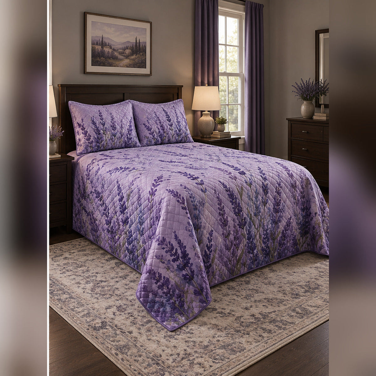 Tonal Purple Lavender Meadow Quilt Set, angled lavender bedroom view