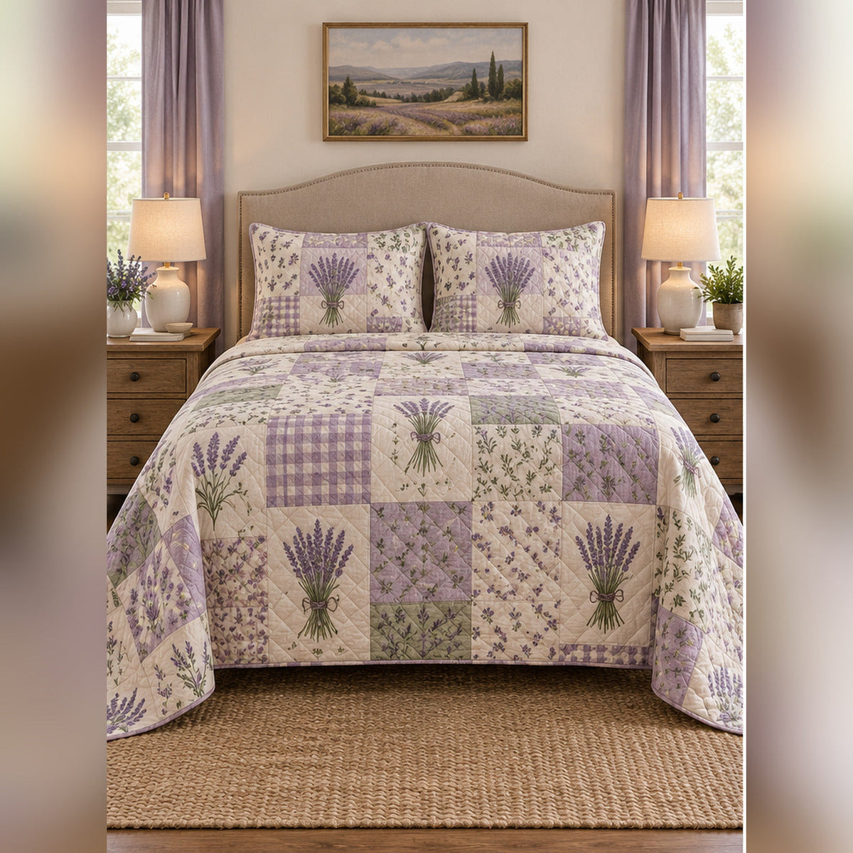 Heirloom Lavender Patchwork Print Quilt Set, front lavender bedroom view