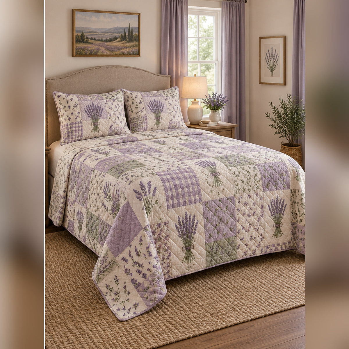 Heirloom Lavender Patchwork Print Quilt Set, angled lavender bedroom view