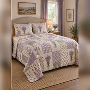 Heirloom Lavender Patchwork Print Quilt Set, angled lavender bedroom view