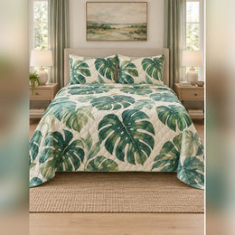 Emerald Watercolor Monstera Quilt Set