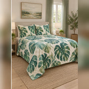 Emerald Watercolor Monstera Quilt Set, angled monstera leaf bedroom view