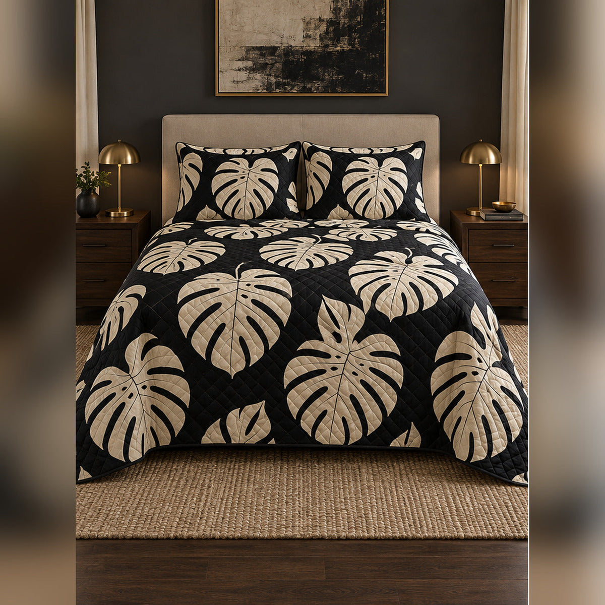 Black and Cream Monstera Quilt Set, front monstera leaf bedroom view