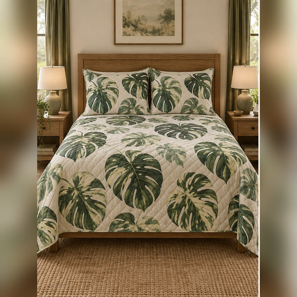 Variegated Monstera Study Quilt Set, front monstera leaf bedroom view