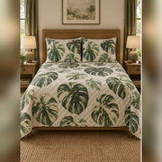 Variegated Monstera Study Quilt Set, front monstera leaf bedroom view