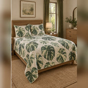 Variegated Monstera Study Quilt Set, angled monstera leaf bedroom view