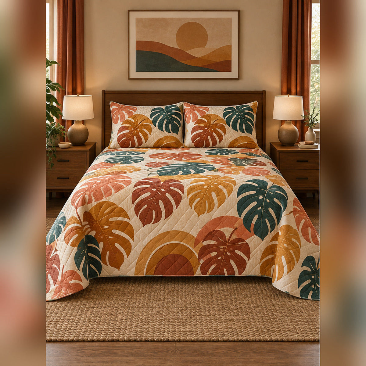 Retro Sunset Monstera Quilt Set, front monstera leaf bedroom view