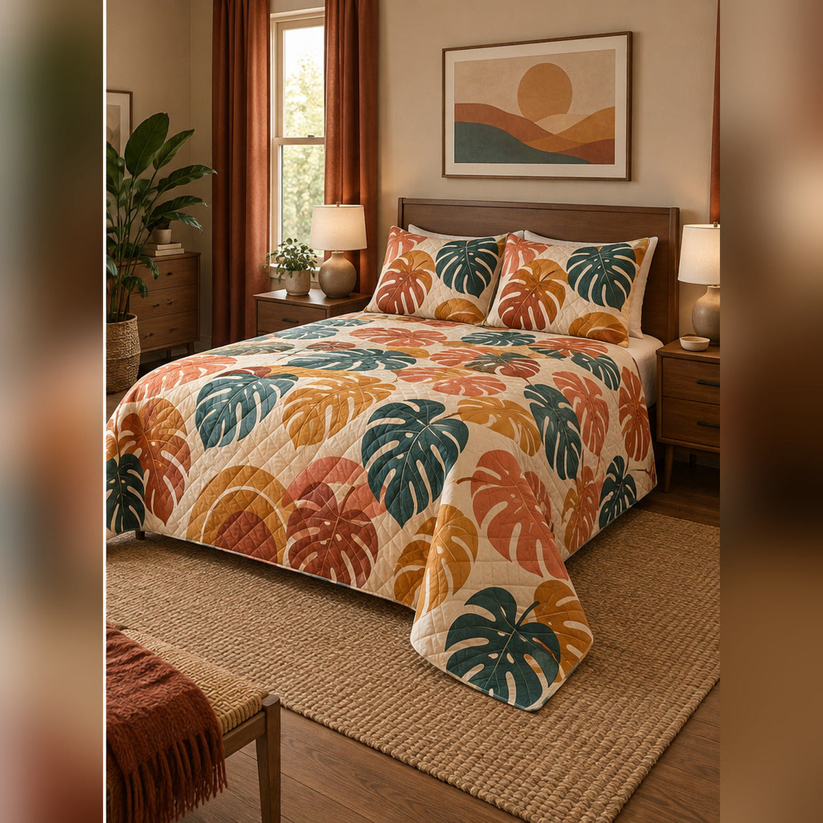 Retro Sunset Monstera Quilt Set, angled monstera leaf bedroom view