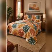 Retro Sunset Monstera Quilt Set, angled monstera leaf bedroom view