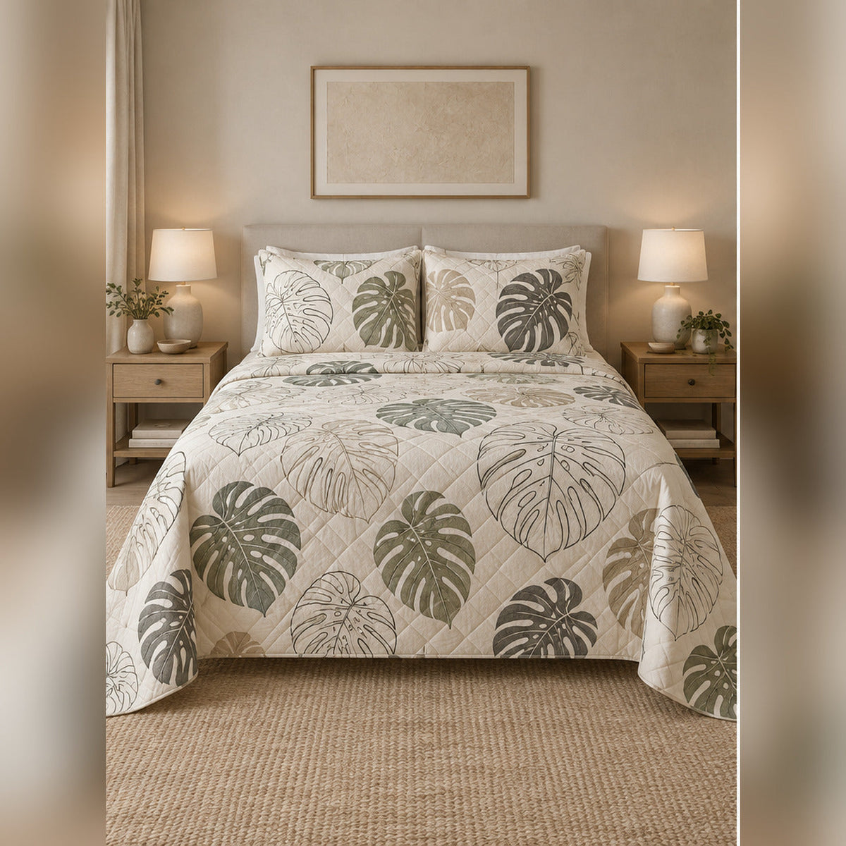 Minimal Monstera Line Art Quilt Set, front monstera leaf bedroom view