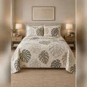 Minimal Monstera Line Art Quilt Set, front monstera leaf bedroom view