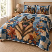 German Shepherd Autumn Patchwork Quilt Set: angled bedroom view showing the quilt artwork and coordinating shams