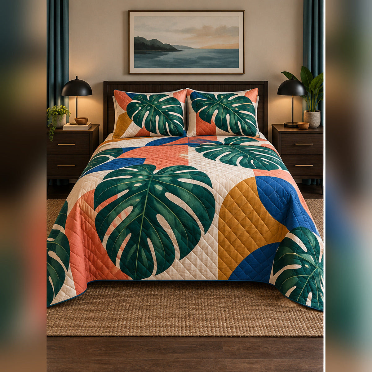 Tropical Color Block Monstera Quilt Set, front monstera leaf bedroom view