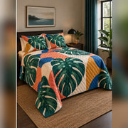 Tropical Color Block Monstera Quilt Set, angled monstera leaf bedroom view