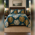 Teal and Ochre Monstera Quilt Set