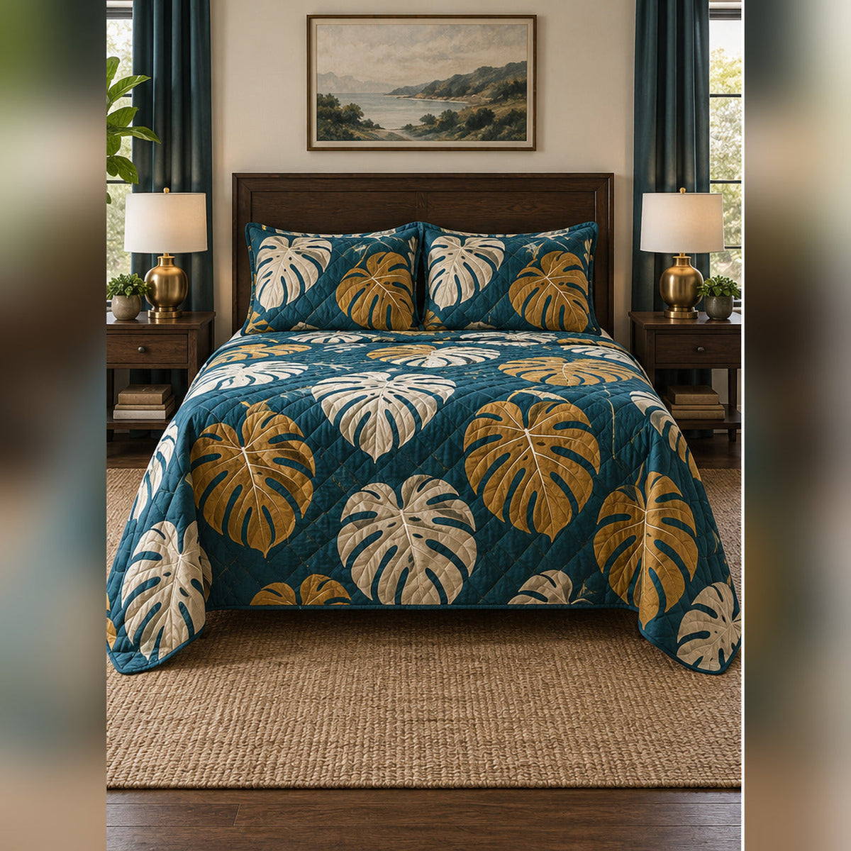 Teal and Ochre Monstera Quilt Set, front monstera leaf bedroom view