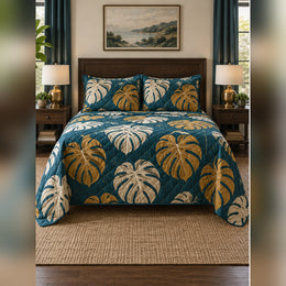 Teal and Ochre Monstera Quilt Set
