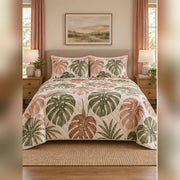 Blush Monstera Garden Quilt Set, front monstera leaf bedroom view