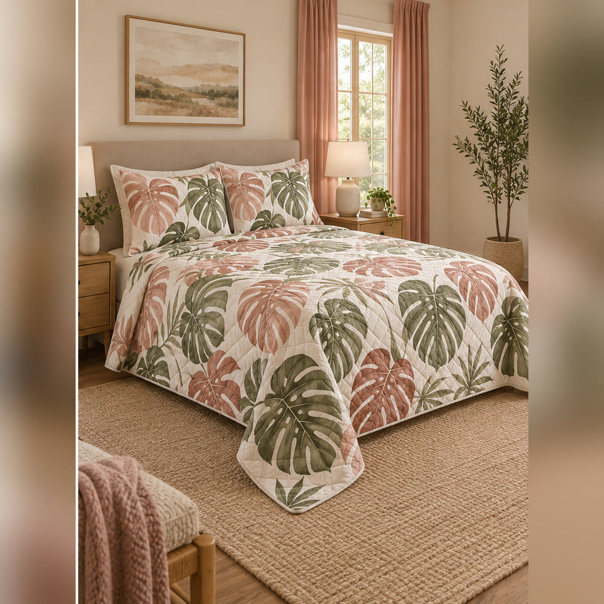 Blush Monstera Garden Quilt Set, angled monstera leaf bedroom view