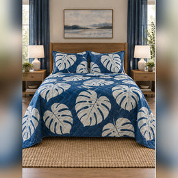Indigo Monstera Cyanotype Quilt Set