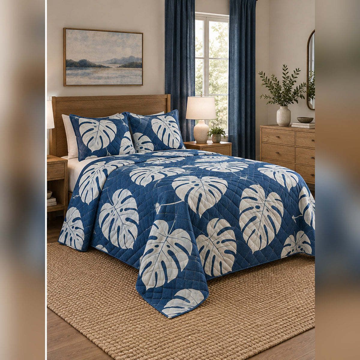 Indigo Monstera Cyanotype Quilt Set, angled monstera leaf bedroom view