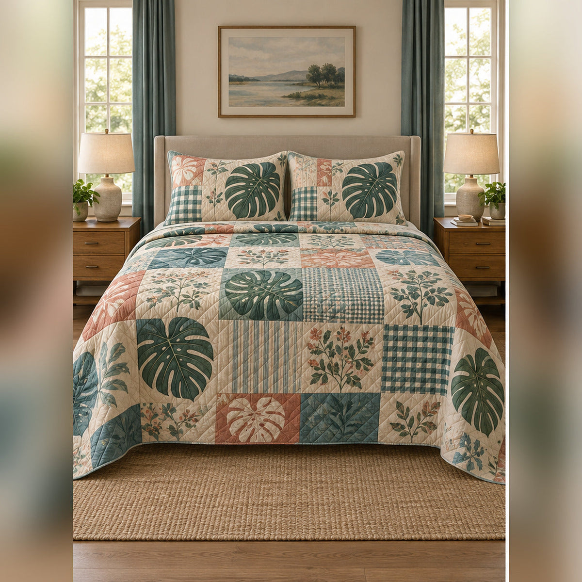 Heirloom Monstera Patchwork Print Quilt Set, front monstera leaf bedroom view