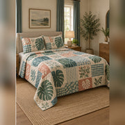 Heirloom Monstera Patchwork Print Quilt Set, angled monstera leaf bedroom view
