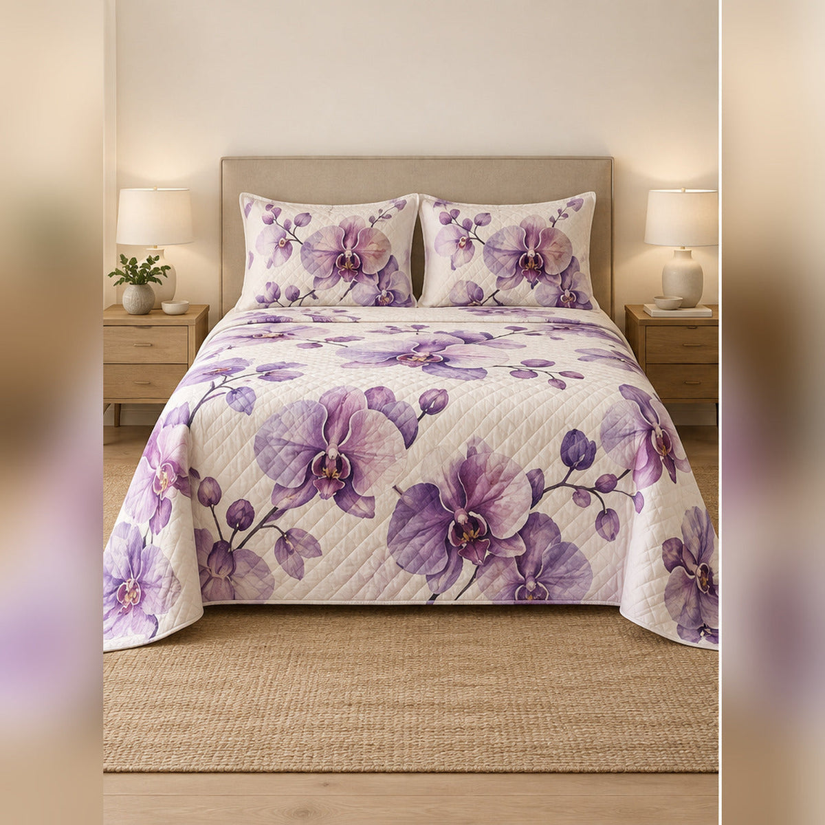 Purple Watercolor Orchid Quilt Set, front orchid bedroom view