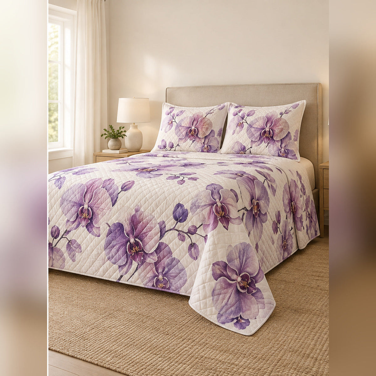Purple Watercolor Orchid Quilt Set, angled orchid bedroom view