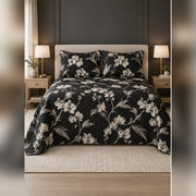 Black and Ivory Orchid Line Art Quilt Set, front orchid bedroom view