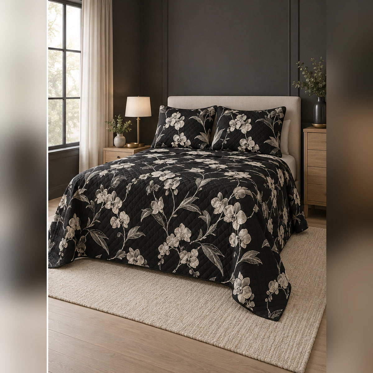 Black and Ivory Orchid Line Art Quilt Set, angled orchid bedroom view