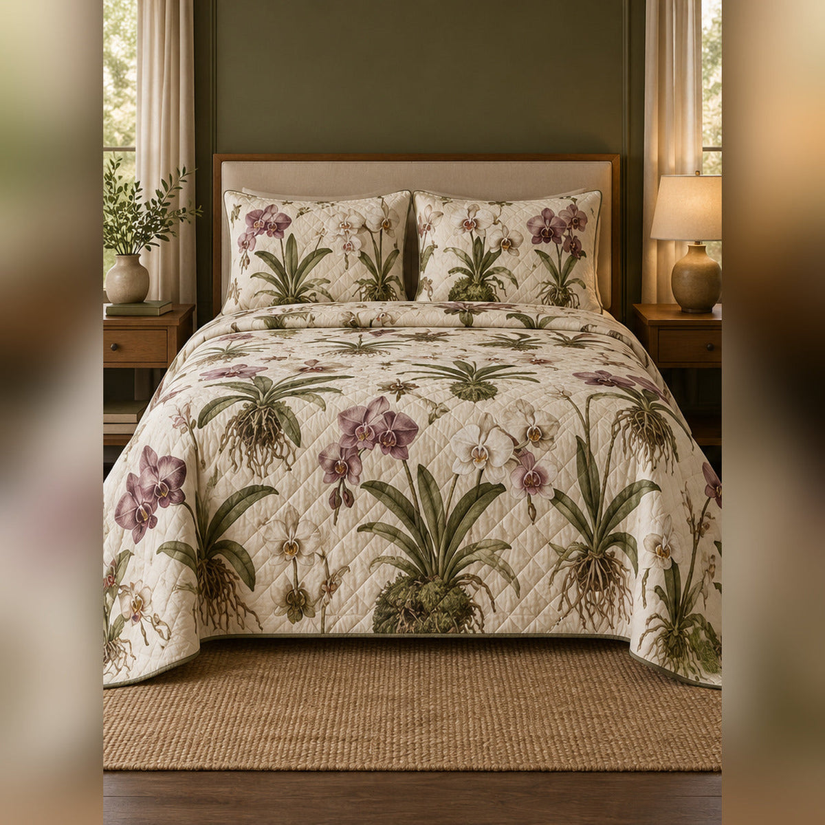 Naturalist Orchid Study Quilt Set, front orchid bedroom view