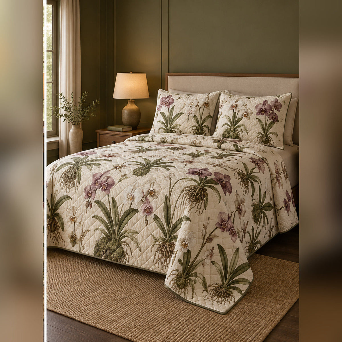 Naturalist Orchid Study Quilt Set, angled orchid bedroom view