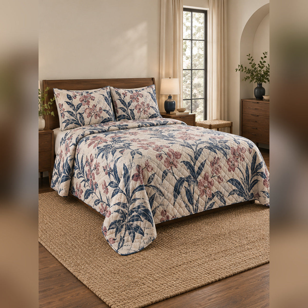 Woodblock Orchid Garden Quilt Set, angled orchid bedroom view