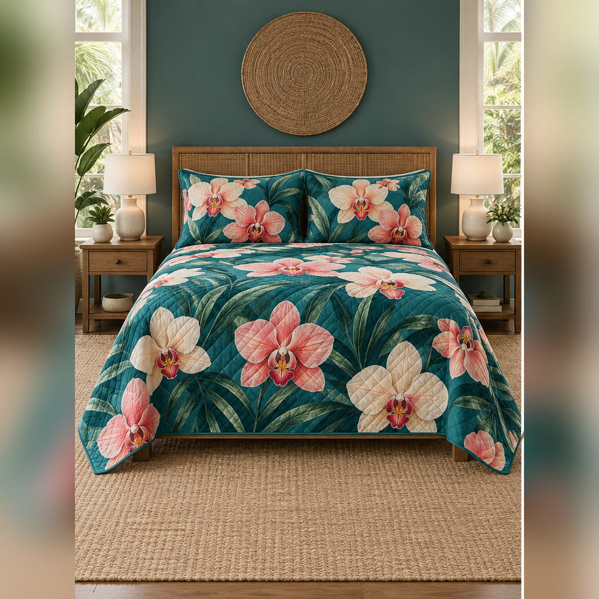 Teal Tropical Orchid Quilt Set, front orchid bedroom view