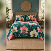 Teal Tropical Orchid Quilt Set, front orchid bedroom view